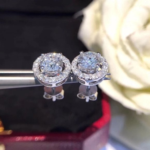 NEW Brilliant Cut 18K Diamond Halo Stud Earrings - Picture 4 of 10